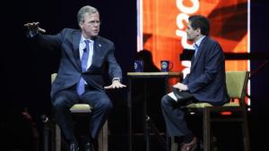 Republican presidential candidate, former Florida Gov. Jeb Bush, left, is interviewed by Dr. Russell Moore at the Send North America Conference, Tuesday, Aug. 4, 2015, in Nashville, Tenn. (AP Photo/Mark Humphrey)