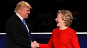Republican presidential nominee Donald Trump shakes hands with Democratic presidential nominee Hillary Clinton after the presidential debate at Hofstra University in Hempstead, N.Y., Monday, Sept. 26, 2016. (AP Photo/David Goldman)